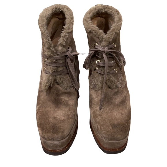 THE SHOE BOX Brown suede & shearling lined wedge platform laceup booties Size 39 - Picture 2 of 7